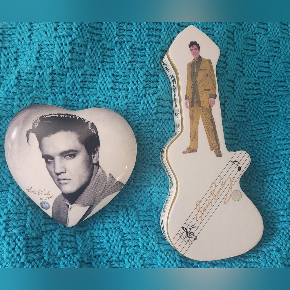 Vintage Elvis Presley Ceramic Heart & Guitar Shaped Trinket Box Collectibles